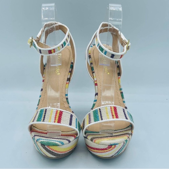 EUC Shoe Dazzle Retro Striped Platform Wedge Sandals - Picture 2 of 13